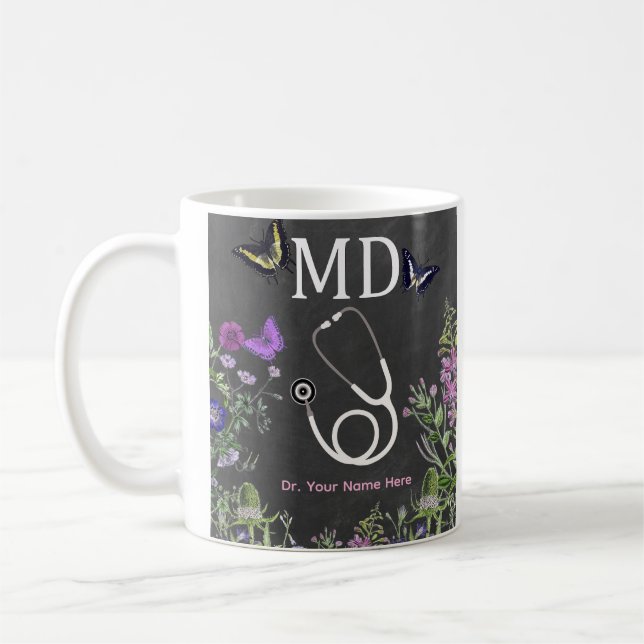 Caneca De Café Doctor MD Stethoscope Floral Personalized (Esquerda)