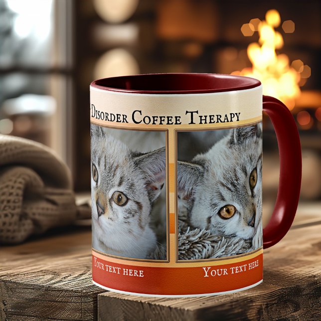 Caneca De Café Doença Obsessiva Do Gato (Mug featuring your funny cat photos framed by an orange striped design with gold - cat lover gift)