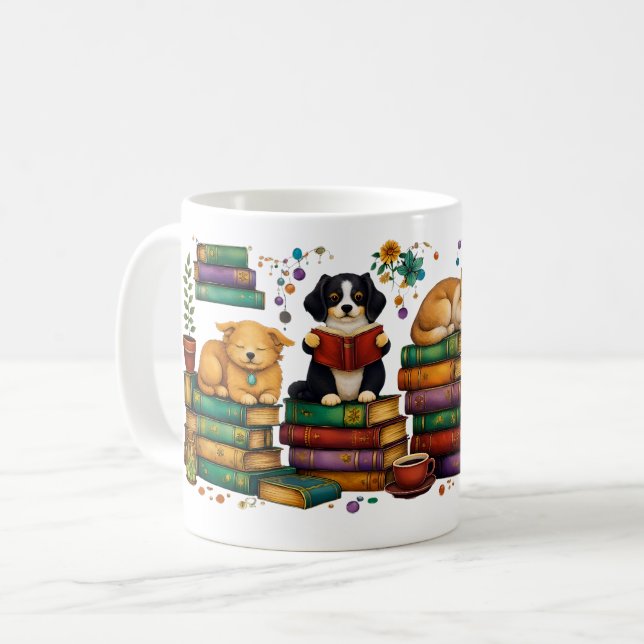 Caneca De Café Dogs Reading Books Cozy Library Scene (Frente Esquerda)