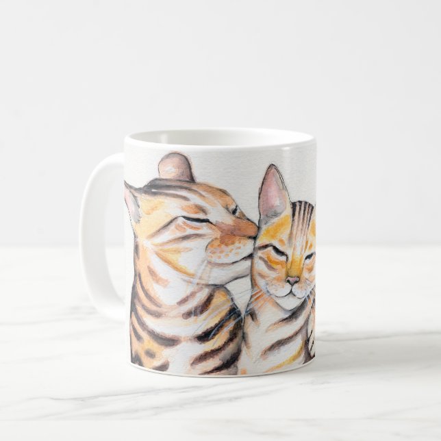 Caneca De Café Dois Gatos Bengala Arte Aquarela (Frente Esquerda)