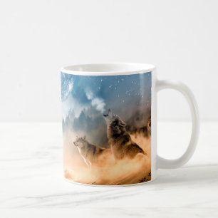 Caneca De Café Dois lobos uivando na lua de cheio na floresta