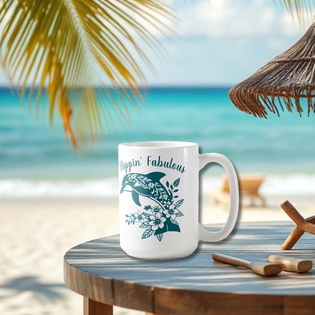 Caneca De Café Dolphin Flippin' Fabulous Teal (Hawaiian Dolphin, Flippin Fabulous, Islander Summer, Beach, Travel, Fisherman Trend, Tropical floral)