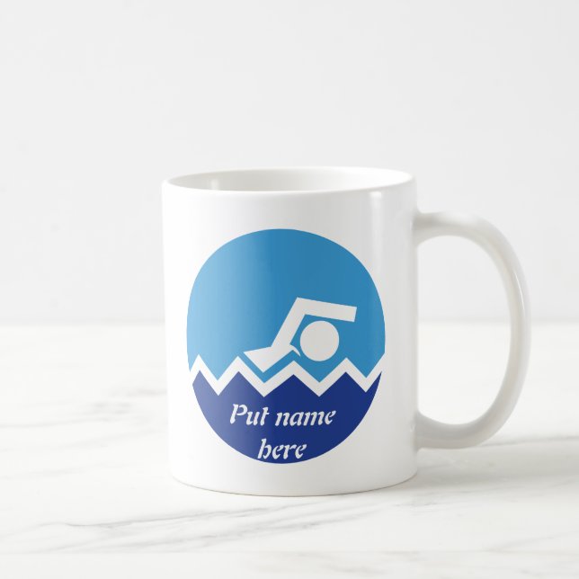 Caneca De Café Dons de natação, nadador num círculo azul personal (Direita)