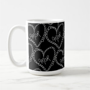 Caneca De Café Doodles Black Hearts Dia dos Namorados Rosa