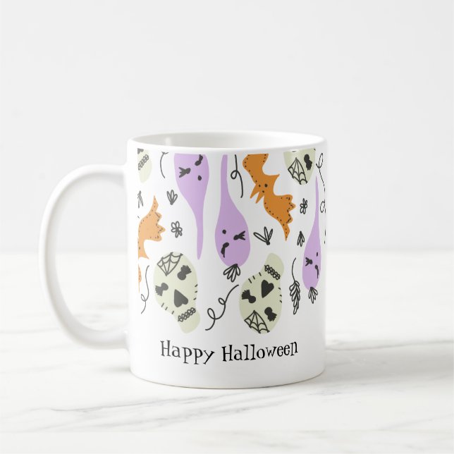 Caneca De Café Doodles bonitos do Halloween Pumpkin Bat do crânio (Esquerda)