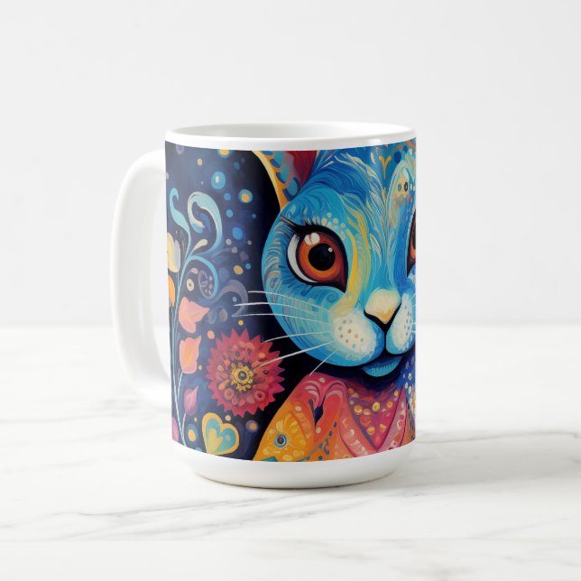 Caneca De Café Dotty Delight: Rainbow Doodle Bunny (Frente Esquerda)