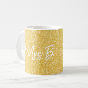 Caneca De Café Dourada Amarela Personalizada Sra. Glitter Inicial