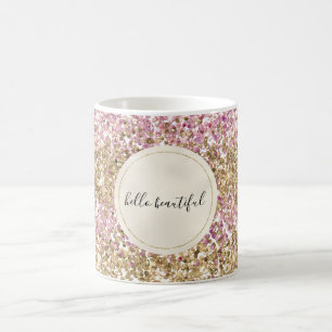 Caneca De Café Dourada Glitter de Confetti Rosa Personalizada    