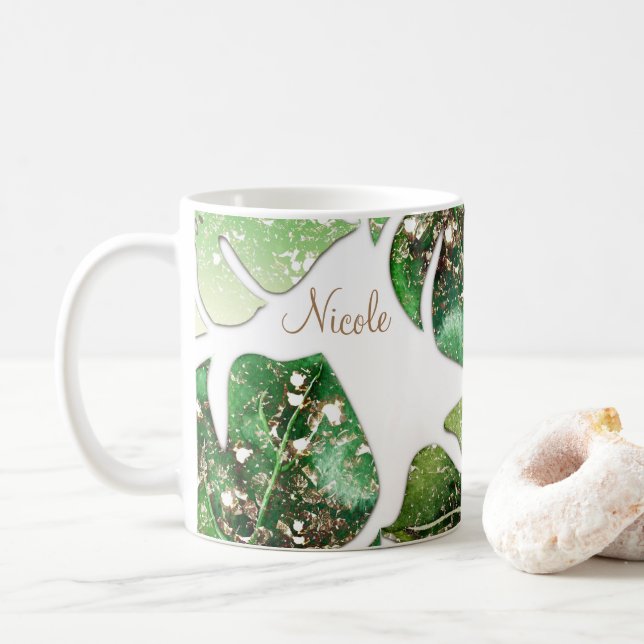 Caneca De Café Dourada Glitter Sparkle Glam Tropical Leaves Verão (Com Donut)