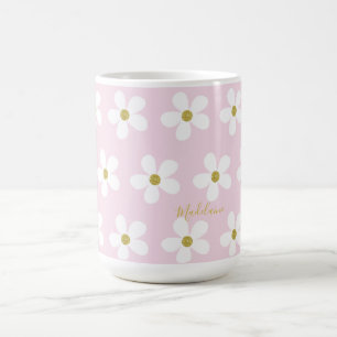 Caneca De Café Dourada Margarida Simples Branca Rosa