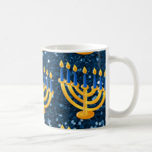 Caneca De Café Dourada Menorah Blue Faux Glitter