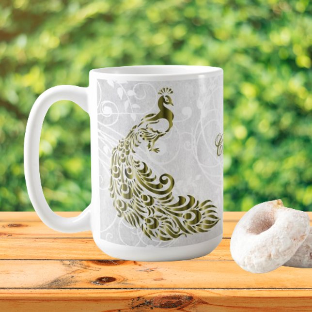 Caneca De Café Dourada Peacock Personalizado Coffee Mug (Gold Peacock Personalized Coffee Mug)