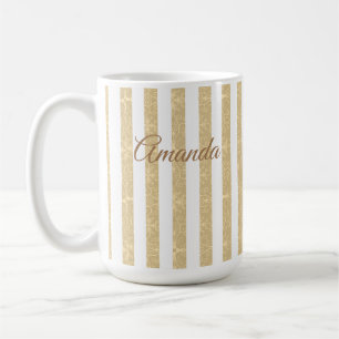 Caneca De Café Douradas e brancas stripes elegantes