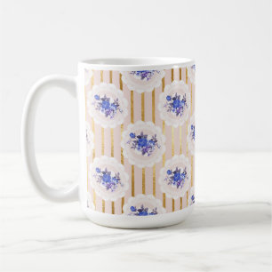 CANECA DE CAFÉ DOURADAS FITAS E FLORES DE ÁGUA AZUL PEQUENAS