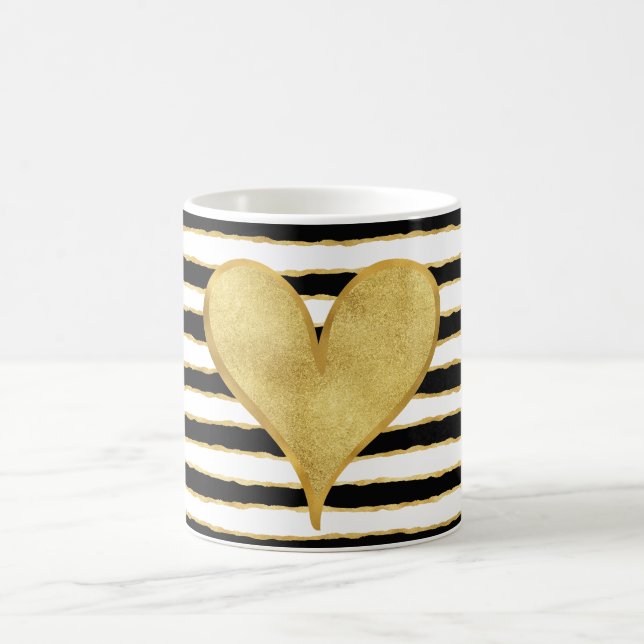 Caneca De Café Dourado Branco Preto Stripes Coração (Centro)