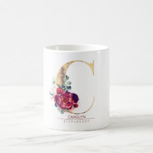 Caneca De Café Dourado Brilho C Monograma Vermelho Borgonha Flora