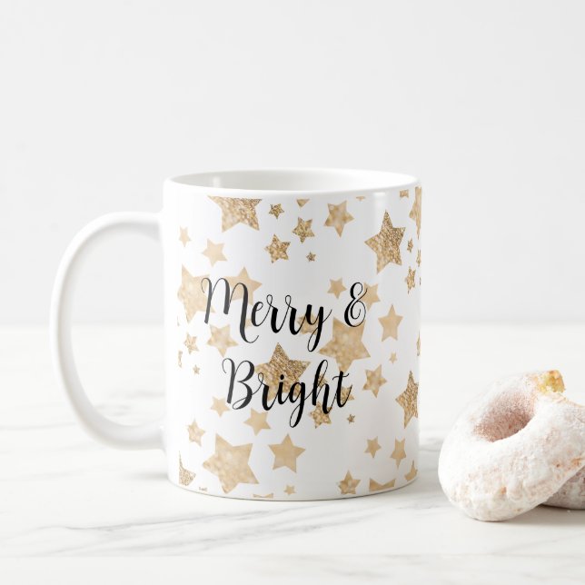 Caneca De Café Dourado brilho Estrelas Feliz de Natal Branco-clar (Com Donut)