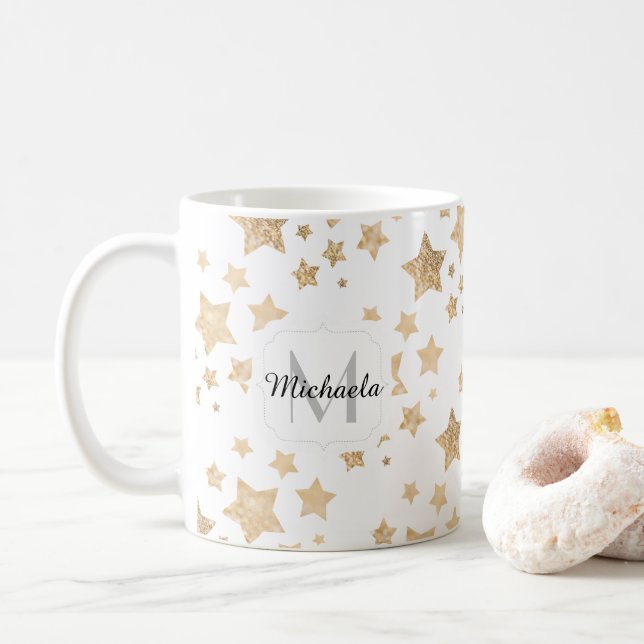 Caneca De Café Dourado brilho Estrelas Natal Monograma branco (Com Donut)
