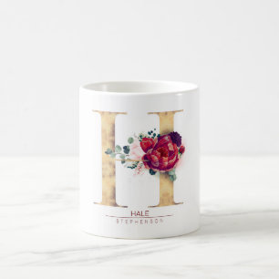 Caneca De Café Dourado Brilho H Monograma Vermelho Borgonha Flora