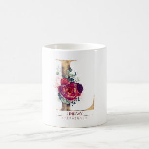 Caneca De Café Dourado Brilho L Monograma Vermelho Borgonha Flora