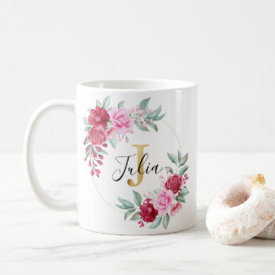 Caneca De Café Dourado Cor de Água Rosa Vermelha Monograma Floral