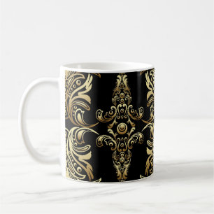 Caneca De Café Dourado Damask, Padrão Árabesco Floral.