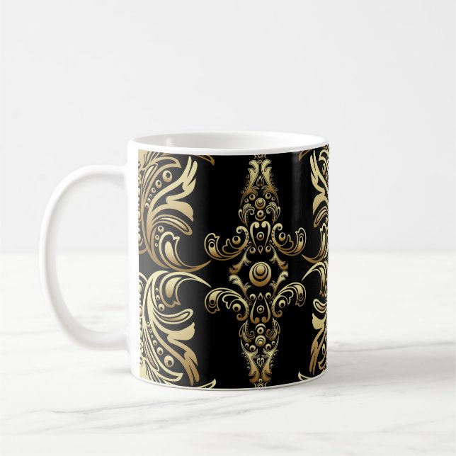 Caneca De Café Dourado Damask, Padrão Árabesco Floral. (Esquerda)
