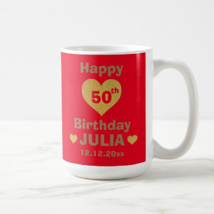 Caneca De Café Dourado e personalizado coração alegre 50º anivers