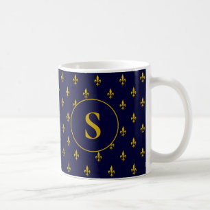 Caneca De Café Dourado Fleur de Lis Patterno sobre o Real Azul