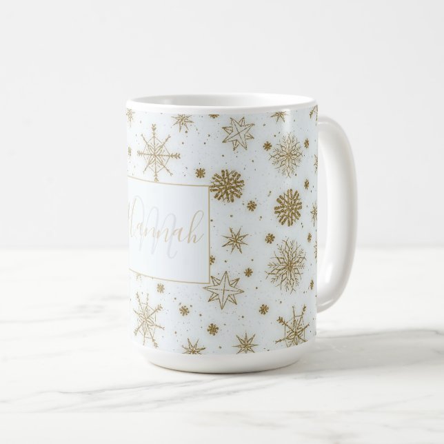 Caneca De Café Dourado Flocos de Neve Design Branco (Frente Esquerda)