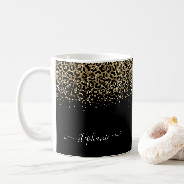 Caneca De Café Dourado Leopardo Luminoso Monograma Preto (Com Donut)
