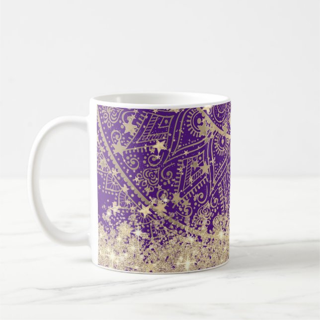 Caneca De Café Dourado Lotus Mandala com Douradas estrelas em rox (Esquerda)
