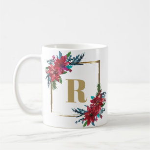 Caneca De Café Dourado Monograma Poinsettia Natal
