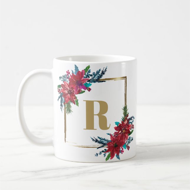 Caneca De Café Dourado Monograma Poinsettia Natal (Esquerda)