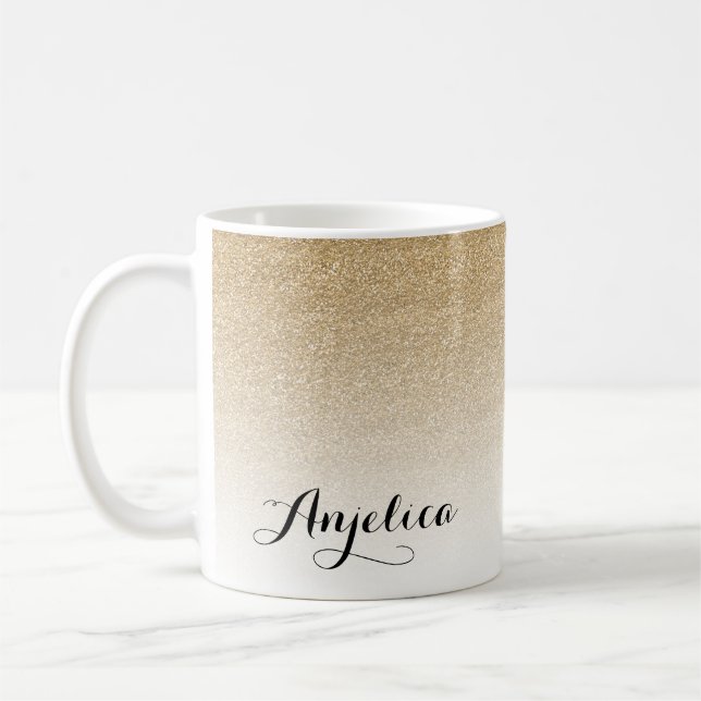Caneca De Café Dourado Ombre Faux Glitter Name Coffee Mug (Esquerda)