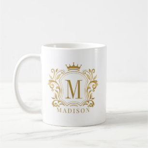 Caneca De Café Dourado Real Crest Crown Monograma