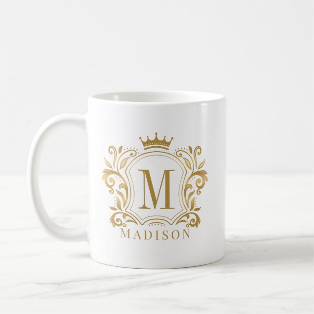 Caneca De Café Dourado Real Crest Crown Monograma (Esquerda)