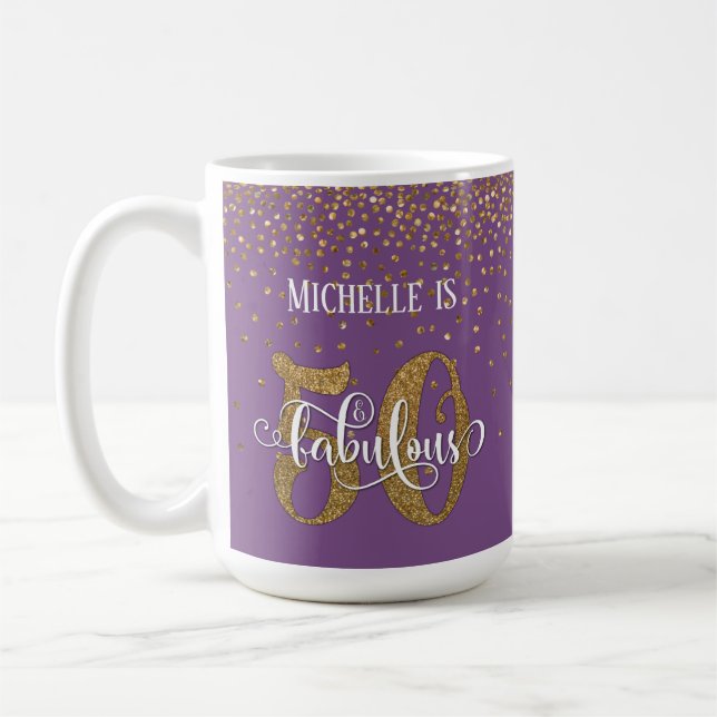 Caneca De Café Dourado Script Confetti 50 & Fabuloso Sobre Roxo (Esquerda)