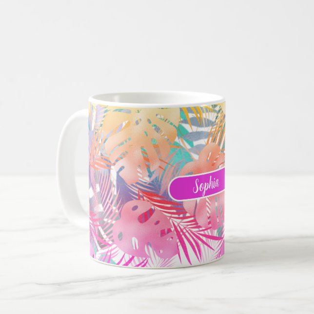 Caneca De Café Dourado Teto Azul e Folhas Tropicais Rosa, Nome Br (Frente Esquerda)
