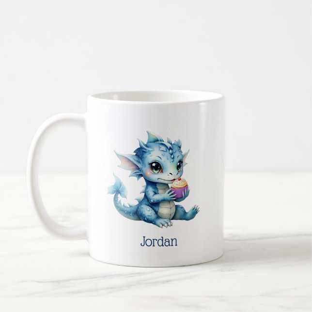 Caneca De Café Dragão-bebê azul-bonito comendo um Cupcake (Esquerda)