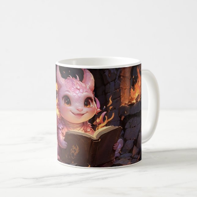 Caneca De Café Dragão-Bebê Rosa Lê Livro (Frente Esquerda)