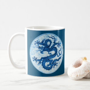 Caneca De Café Dragão Chinês, Azul Indigo e Mug de Café Branco