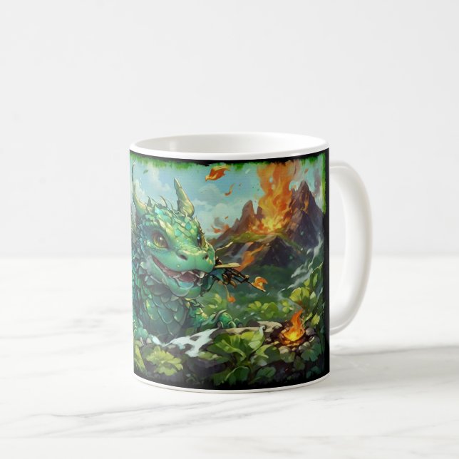 Caneca De Café Dragão de Fogo Verde Hawaiiano e Vulcões (Frente Esquerda)