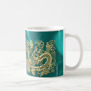 Caneca De Café Dragão Dourado em relevo na Turquesa Satin Impress