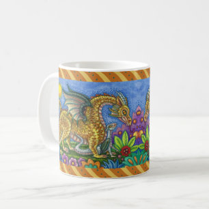 CANECA DE CAFÉ DRAGÃO MEDIEVAL E JARDIM DE ARTE FOLK JOVEM E COLO