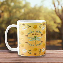 Caneca De Café Dragonfly em Flores Douradas, Verdes, Amarelas