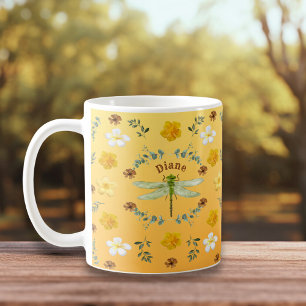 Caneca De Café Dragonfly em Flores Douradas, Verdes, Amarelas