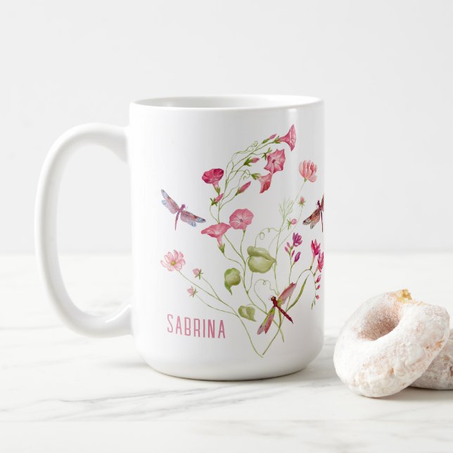 Caneca De Café Dragonfly Floral Rosa Personalizada (Com Donut)