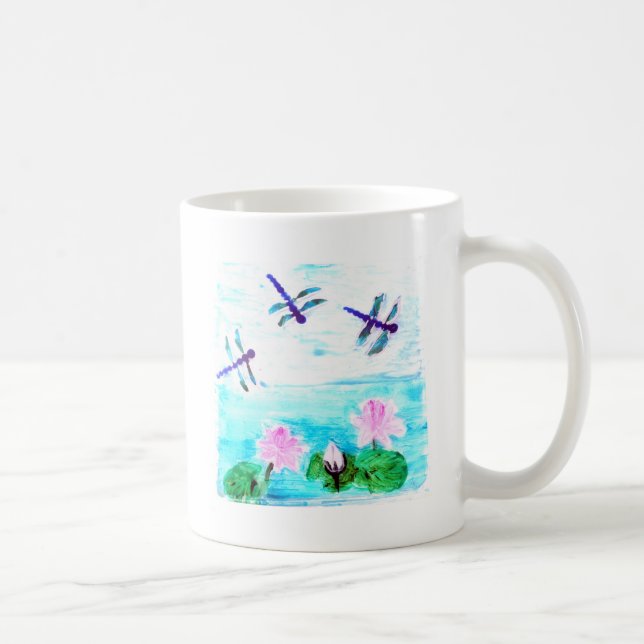 Caneca De Café Dragonfly, Waterlily Flowers Painting (Direita)
