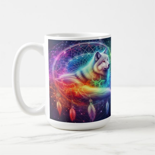 Caneca De Café Dreamcatcher apresentando um lobo místico (Esquerda)